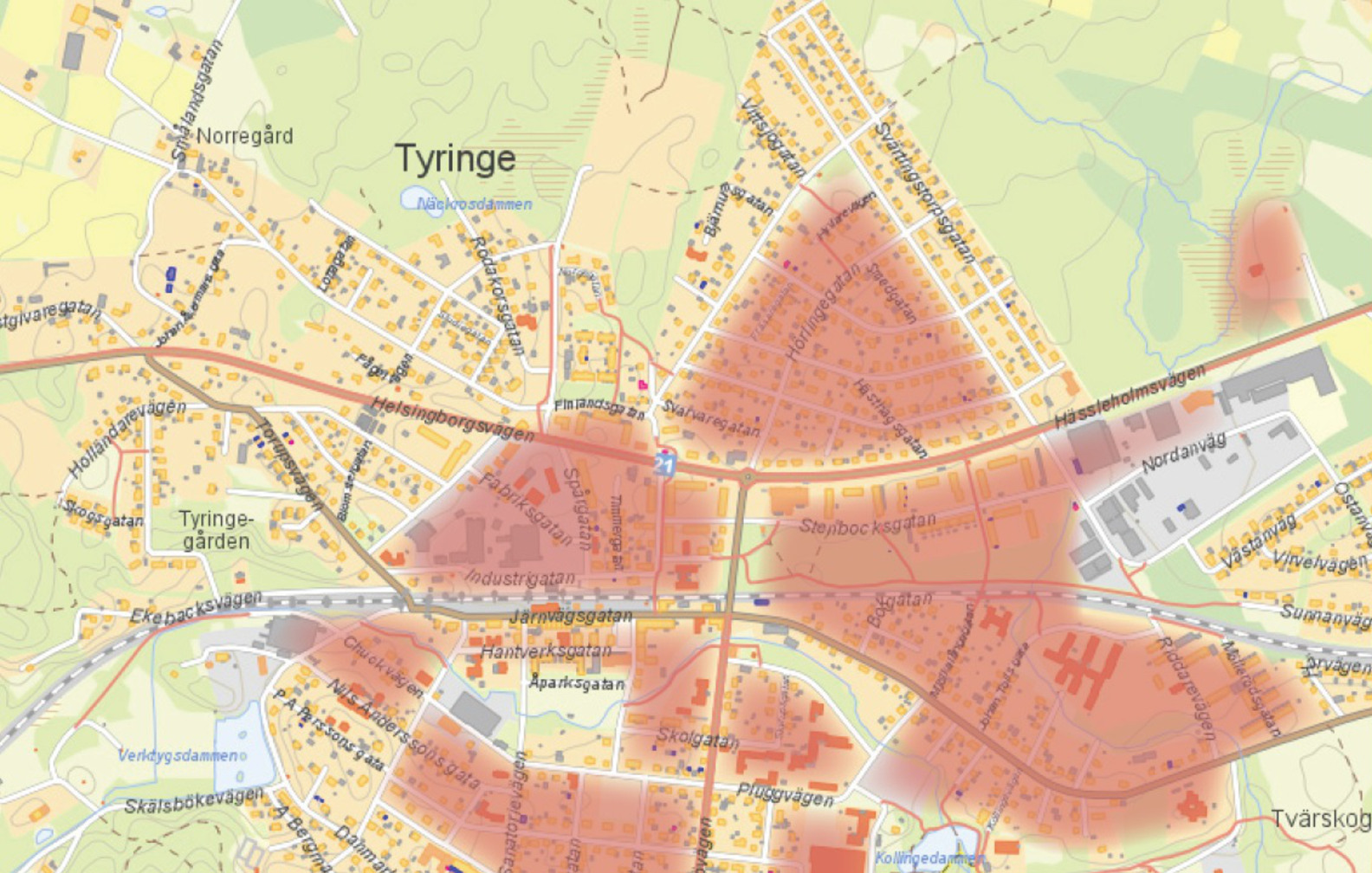 Karta över fjärrvärmeledningarna i Tyringe där områden som har fjärrvärme är markerade i rött.